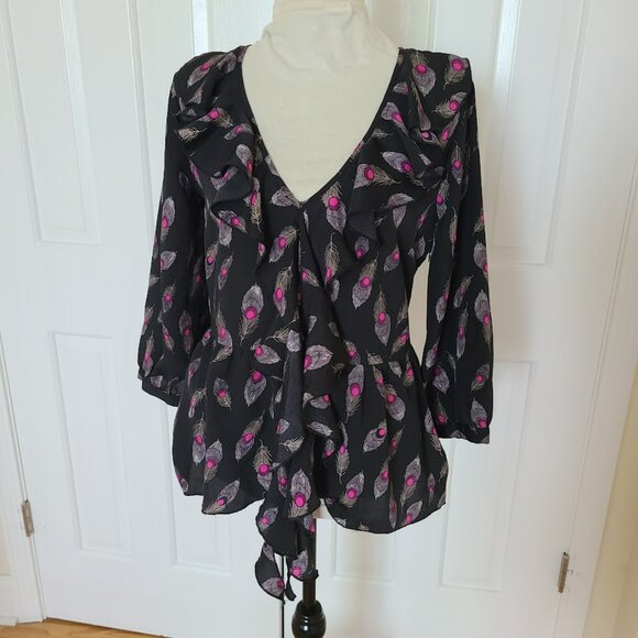 Vtg F21 Y2K Peplum Ruffle V-Neck Top Women's L Peacock Feather Black Peasant - Picture 1 of 13